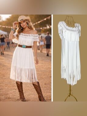 NWT Ursimi Sexy Off-Shoulder Fringe Western Festival White Midi Dress, Small